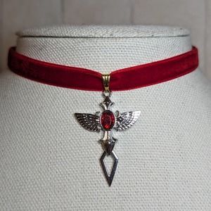 Gold & Silver Wing Cross With Red Gemstone Velvet Choker Necklace
